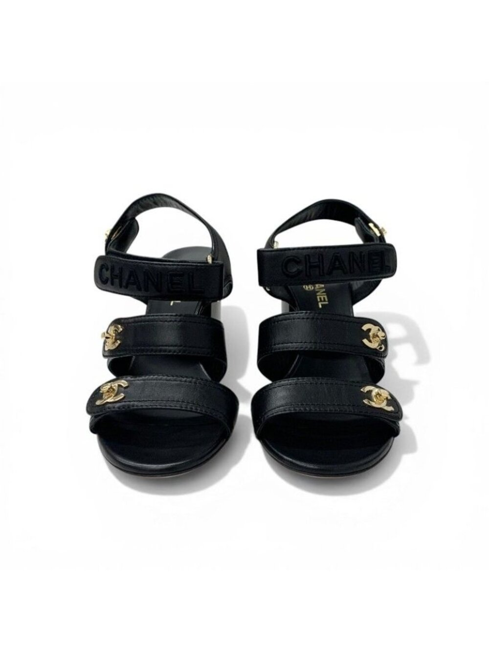 Chanel Sandals Shoes Leather Black Gold CC Logo Turnlock Velcro Strap - Picture 2 of 10